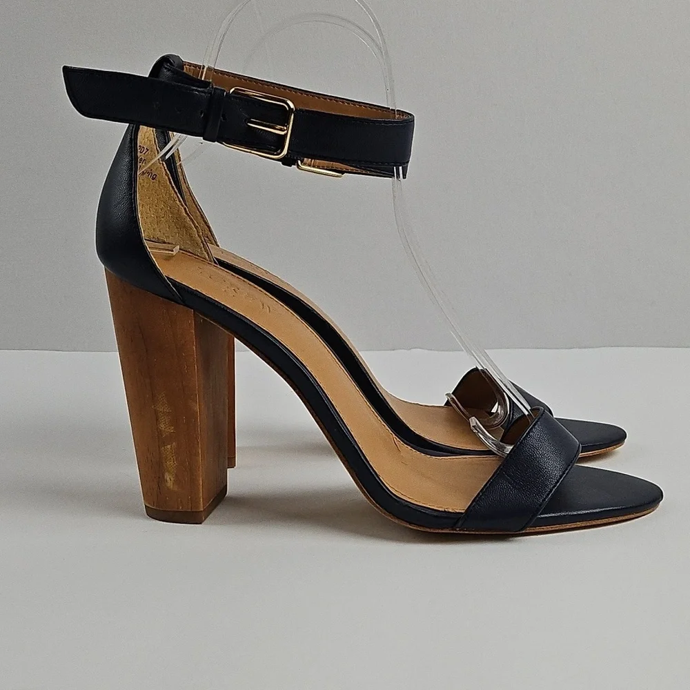 J. Crew Leather Navy Blue Open Toe Ankle Strap Wooden Block Heel Sandal